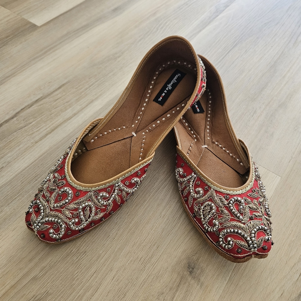 Hand Crafted Red Flats With Gold and Silver Embroidery